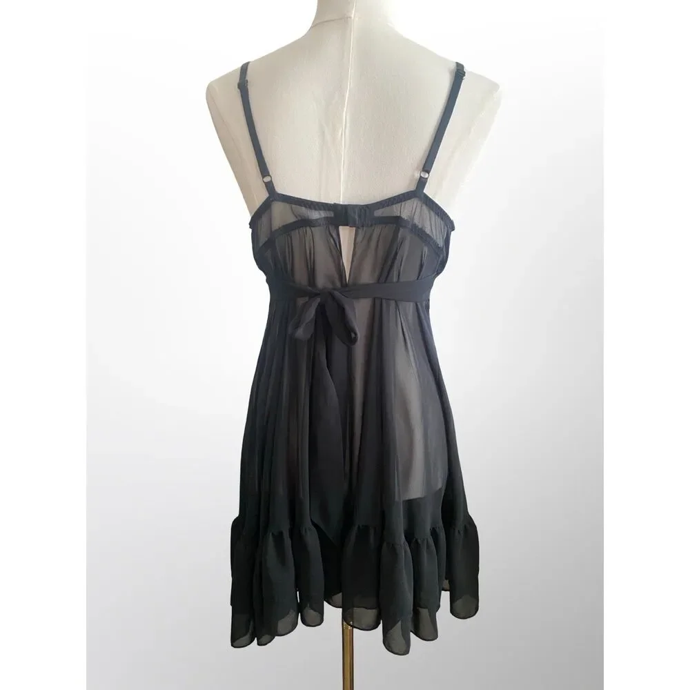 VTG Inner Secrets Y2K Black Pink Embroidered Mesh Babydoll Lingerie Chemise XL